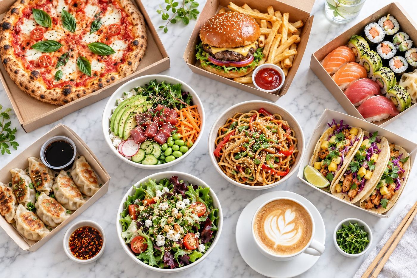 A table full of takeaway dishes